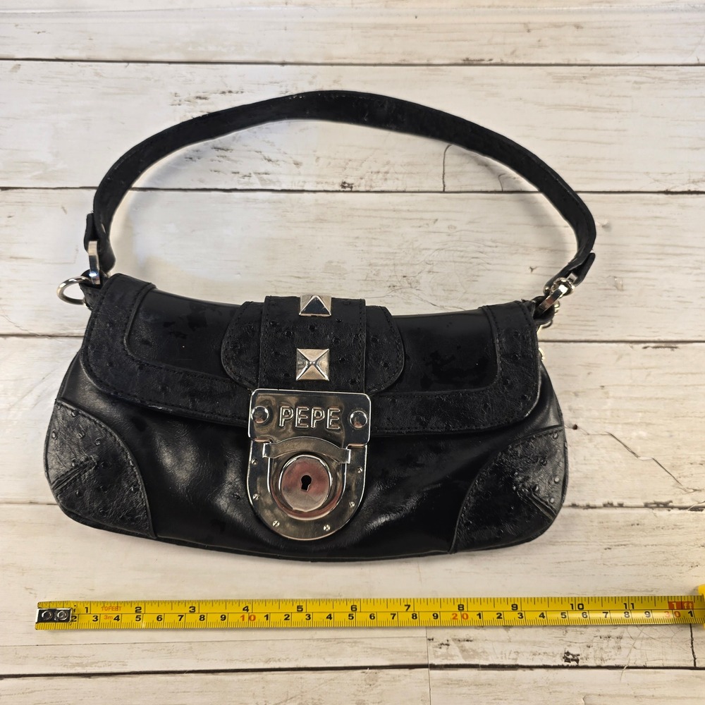 Pepe Jeans London Black Ostrich Embossed Studded Y2K Baguette Shoulder Bag